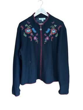 Vtg Coldwater Creek Embroidered Floral Wool Jacket Black Multicolor XL